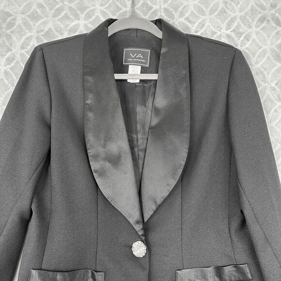 Vtg Tuxedo Blazer Women 6 Small Black Satin Shawl Collar Rhinestone 1 Button 80s - Picture 2 of 12